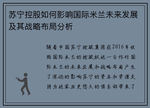 苏宁控股如何影响国际米兰未来发展及其战略布局分析 苏宁控股如何影响国际米兰未来发展及其战略布局分析