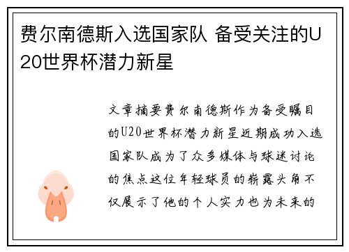 费尔南德斯入选国家队 备受关注的U20世界杯潜力新星 费尔南德斯入选国家队 备受关注的U20世界杯潜力新星